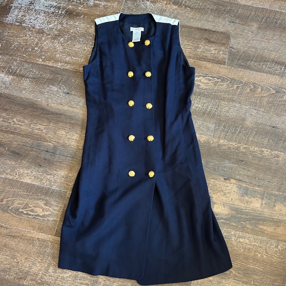 Liz Claiborne Petite Navy Blue Double Breasted Dress Gold Crest Buttons 12P